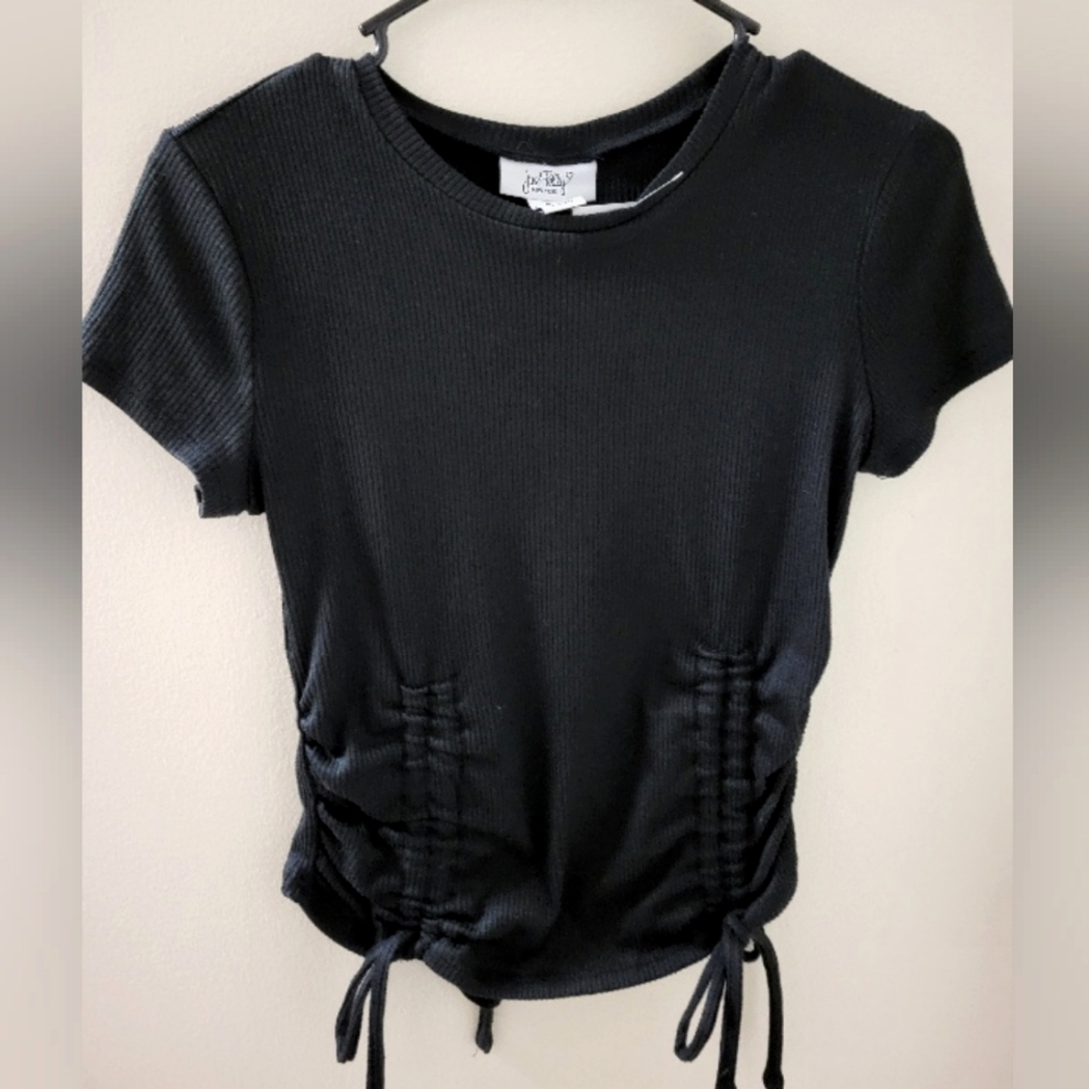 Just Polly Black Ribbed Ruched Crop T-Shirt